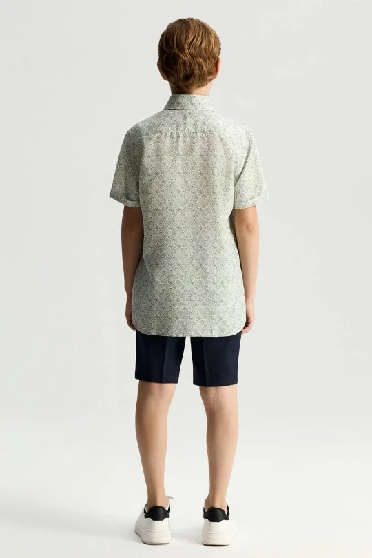 Hemington - Etnik Desen Yeşil Kısa Kollu Tencel Çocuk Gömlek (5)