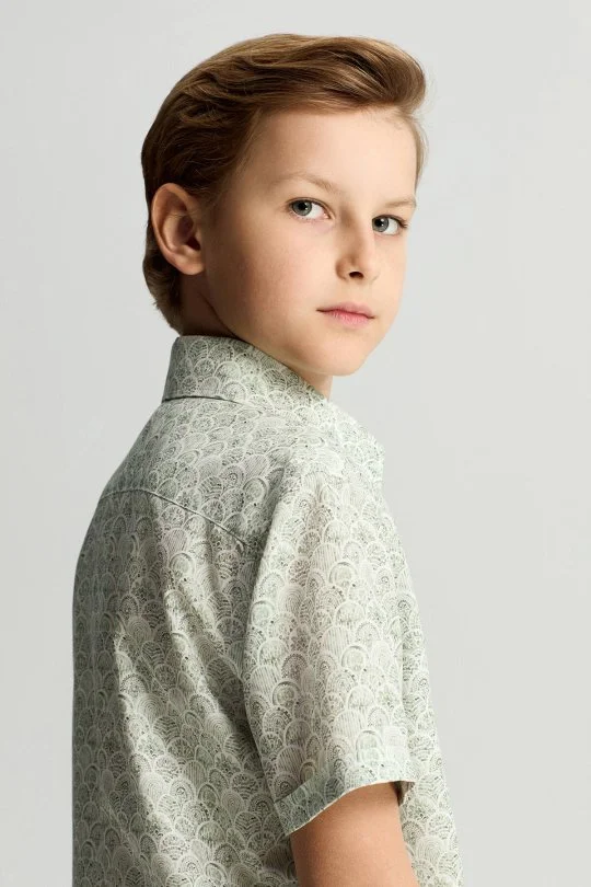 Hemington - Etnik Desen Yeşil Kısa Kollu Tencel Çocuk Gömlek (6)