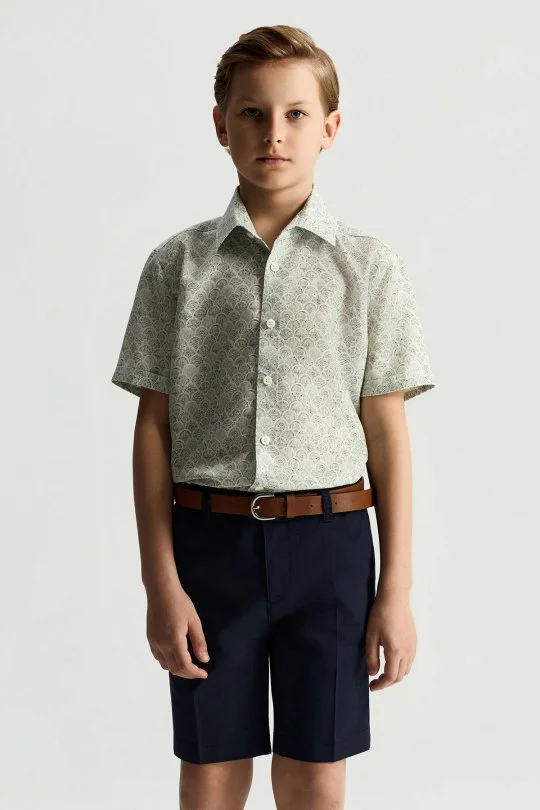 Hemington - Etnik Desen Yeşil Kısa Kollu Tencel Çocuk Gömlek (1)