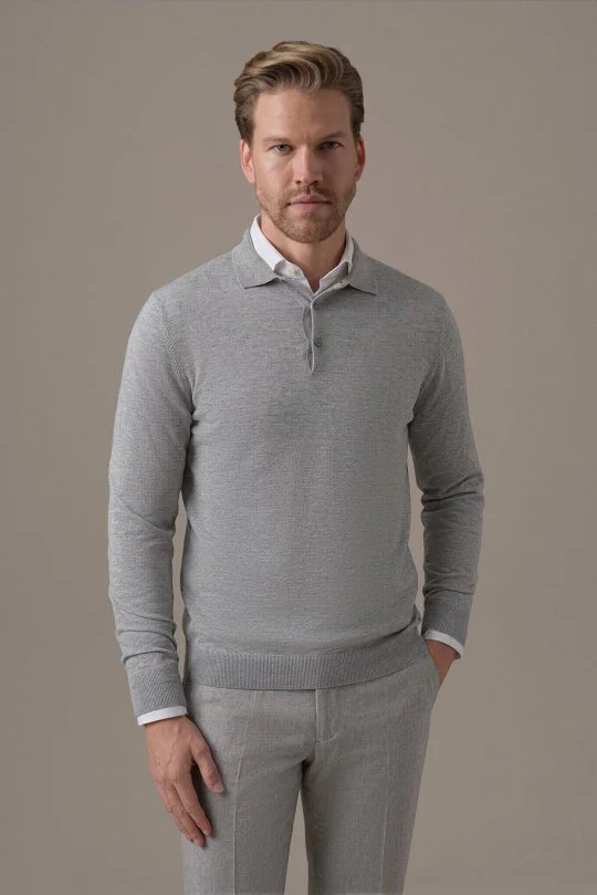 Extrafine Merino Açık Gri 3 Düğme Polo Triko