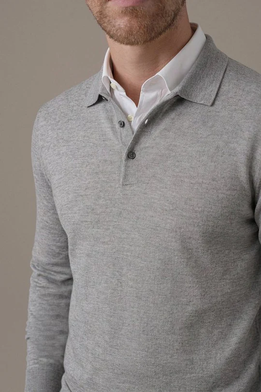 Extrafine Merino Açık Gri 3 Düğme Polo Triko