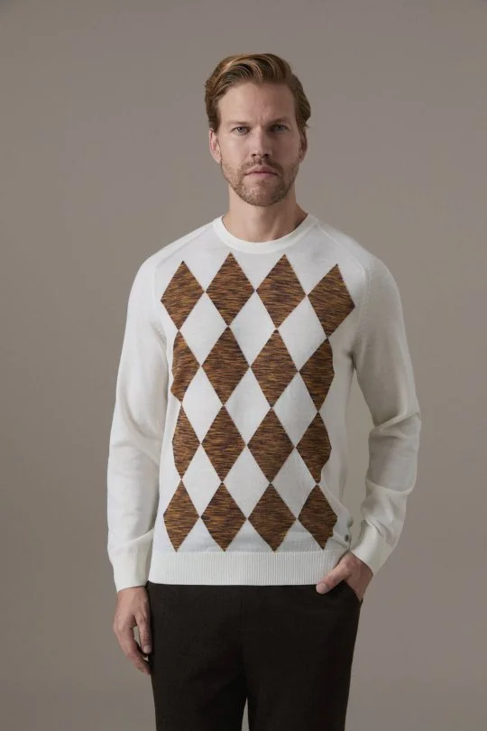 Extrafine Merino Argyle Desen Ekru Triko