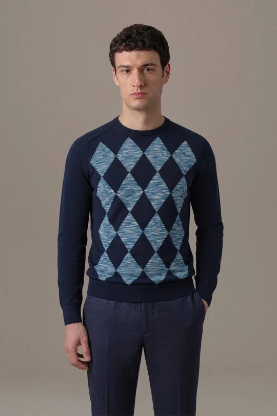 Extrafine Merino Argyle Desen Lacivert Triko