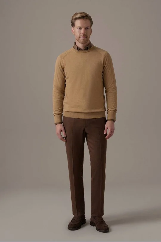 Extrafine Merino Bisiklet Yaka Camel Triko