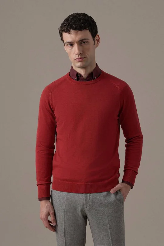 Extrafine Merino Bisiklet Yaka Kırmızı Triko