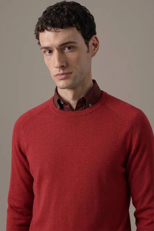 Extrafine Merino Bisiklet Yaka Kırmızı Triko