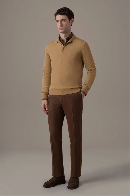Extrafine Merino Camel 3 Düğme Polo Triko