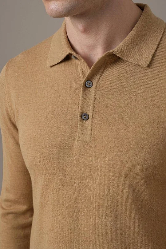 Extrafine Merino Camel 3 Düğme Polo Triko