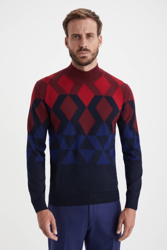 Extrafine Merino Desen Lupetto Yaka Lacivert Triko