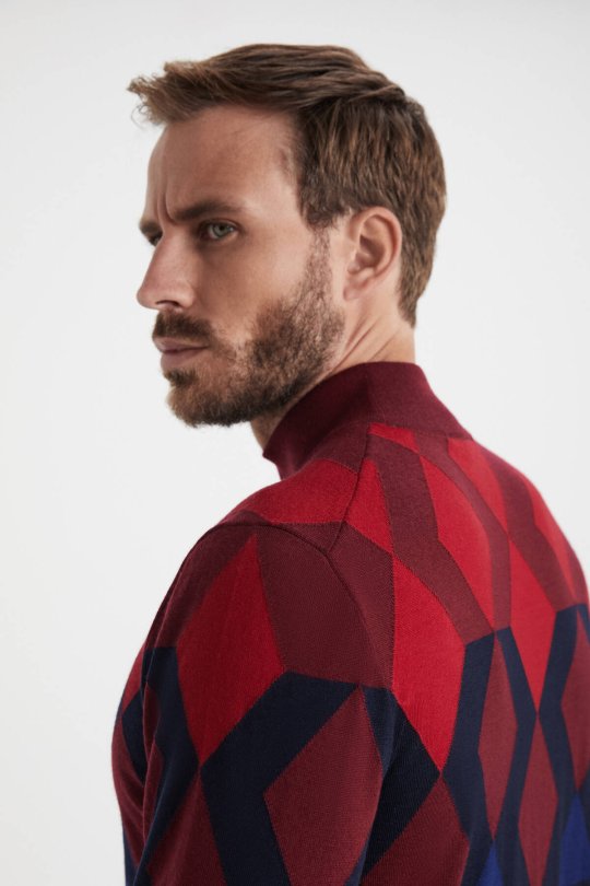 Extrafine Merino Desen Lupetto Yaka Lacivert Triko