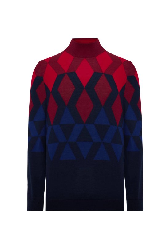 Extrafine Merino Desen Lupetto Yaka Lacivert Triko