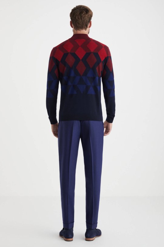 Extrafine Merino Desen Lupetto Yaka Lacivert Triko