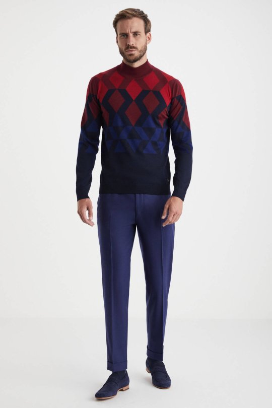 Extrafine Merino Desen Lupetto Yaka Lacivert Triko