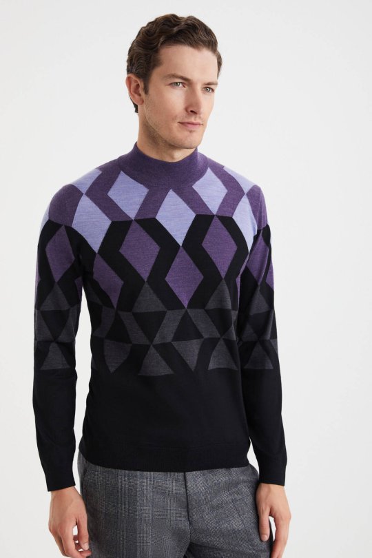 Extrafine Merino Desen Lupetto Yaka Siyah Triko