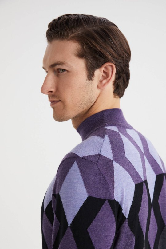 Extrafine Merino Desen Lupetto Yaka Siyah Triko