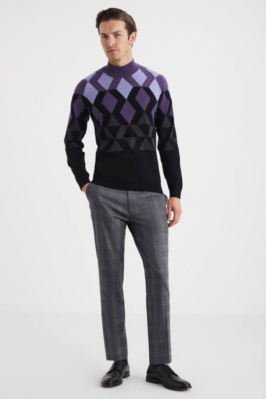 Extrafine Merino Desen Lupetto Yaka Siyah Triko