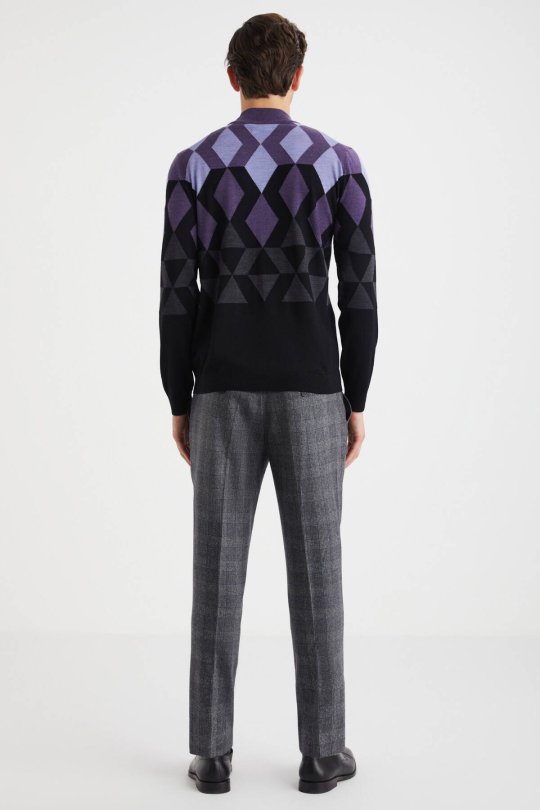 Extrafine Merino Desen Lupetto Yaka Siyah Triko