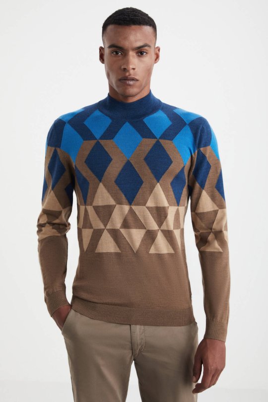 Extrafine Merino Desen Lupetto Yaka Tütün Rengi Triko