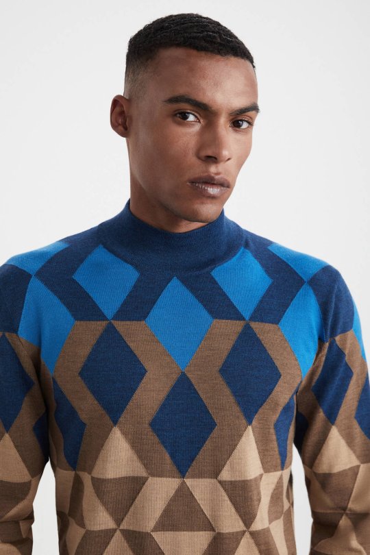 Extrafine Merino Desen Lupetto Yaka Tütün Rengi Triko