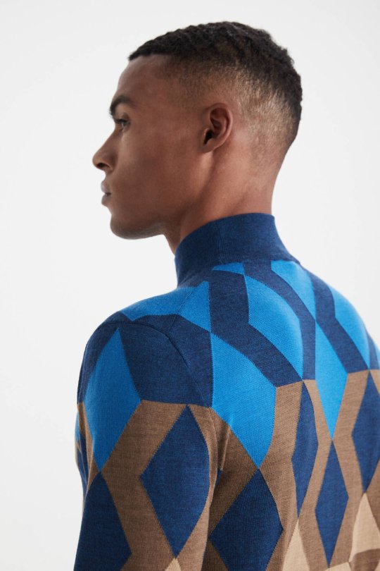 Extrafine Merino Desen Lupetto Yaka Tütün Rengi Triko