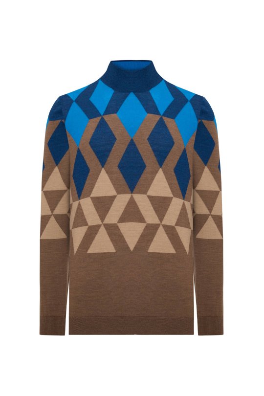 Extrafine Merino Desen Lupetto Yaka Tütün Rengi Triko