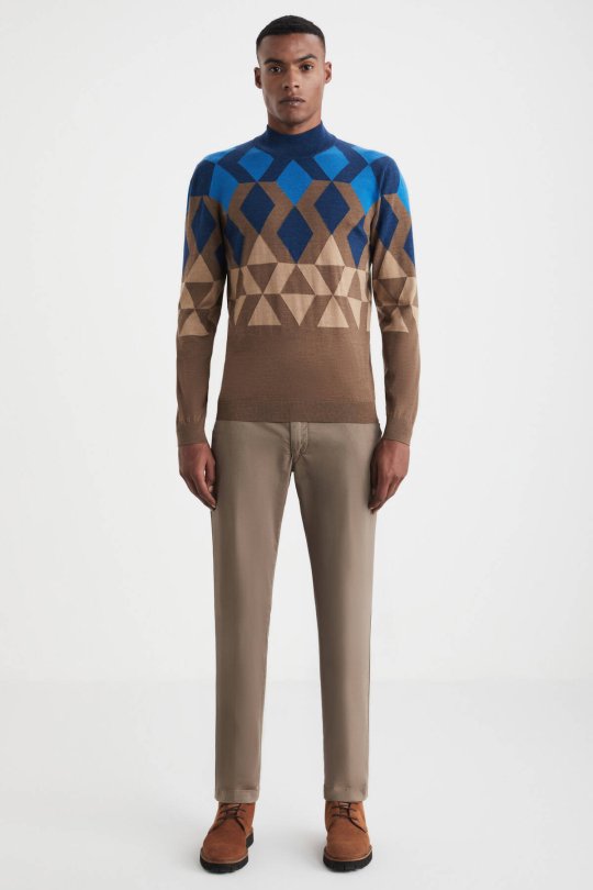 Extrafine Merino Desen Lupetto Yaka Tütün Rengi Triko