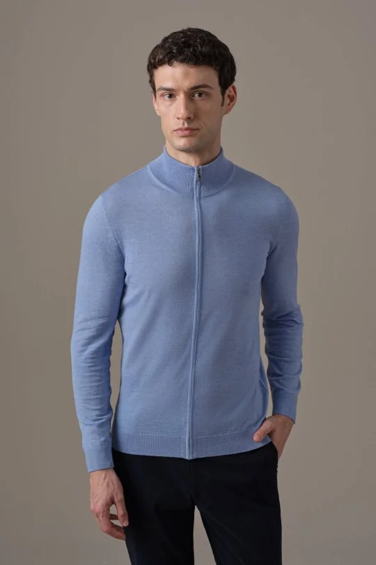 Hemington - Extrafine Merino Fermuarlı Açık Mavi Triko Hırka (1)
