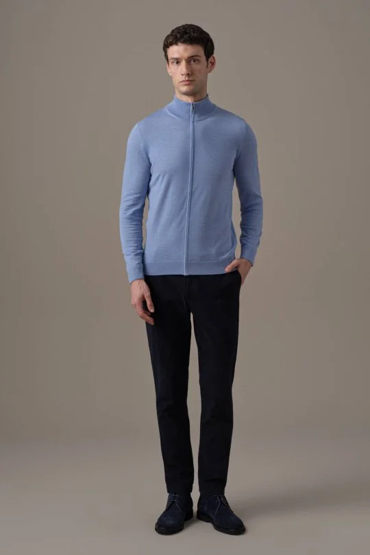 Hemington - Extrafine Merino Fermuarlı Açık Mavi Triko Hırka (5)