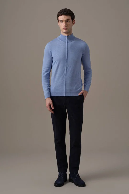 Hemington - Extrafine Merino Fermuarlı Açık Mavi Triko Hırka (1)