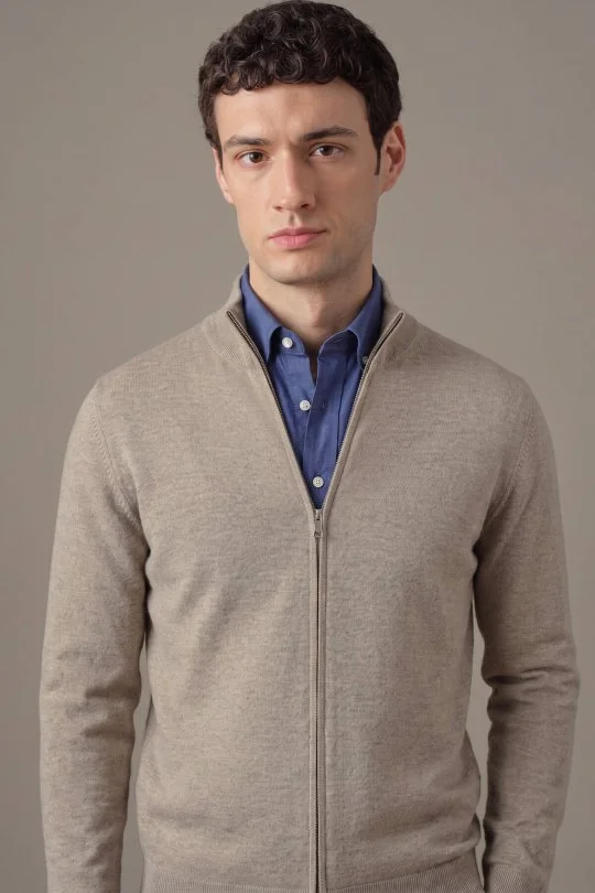 Hemington - Extrafine Merino Fermuarlı Vizon Rengi Triko Hırka (1)