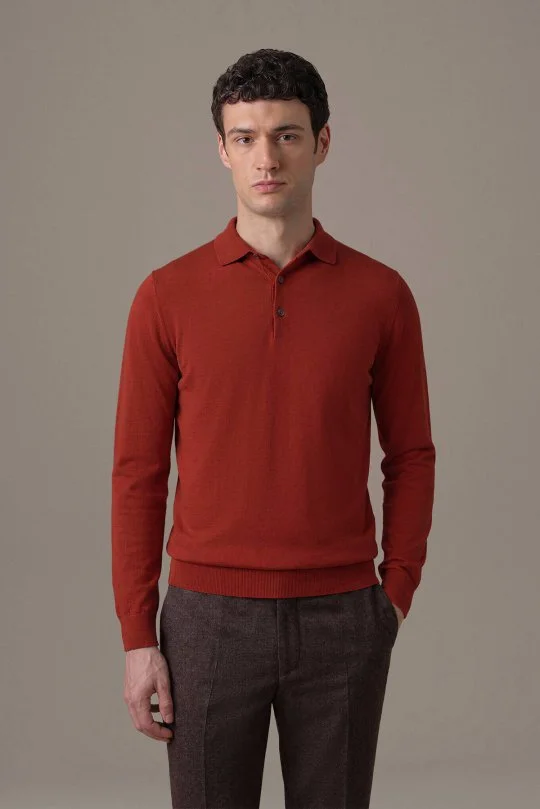 Extrafine Merino Kırmızı 3 Düğme Polo Triko