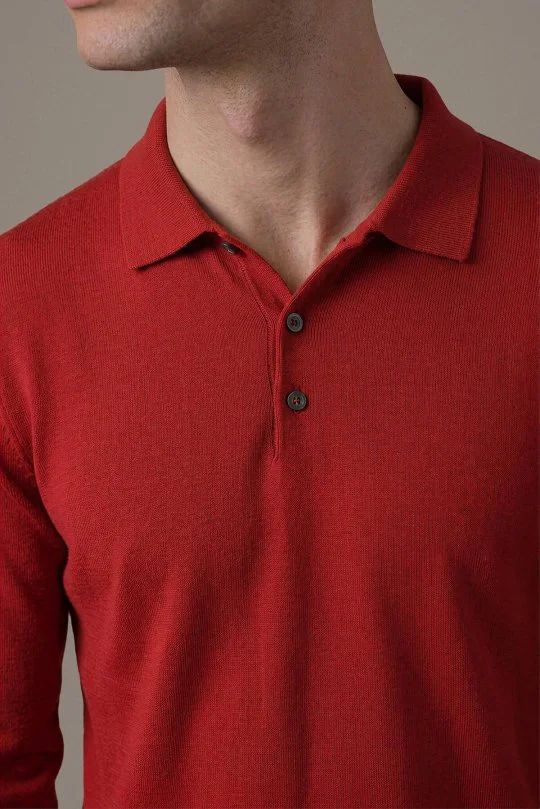 Extrafine Merino Kırmızı 3 Düğme Polo Triko