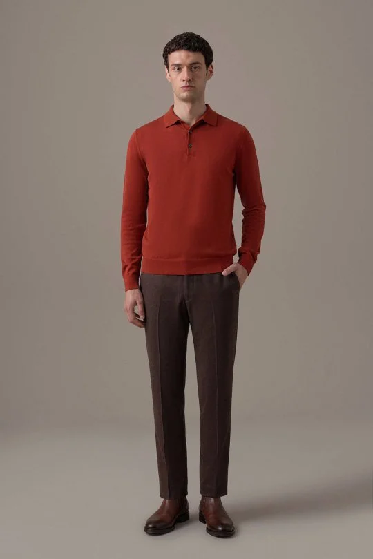 Extrafine Merino Kırmızı 3 Düğme Polo Triko