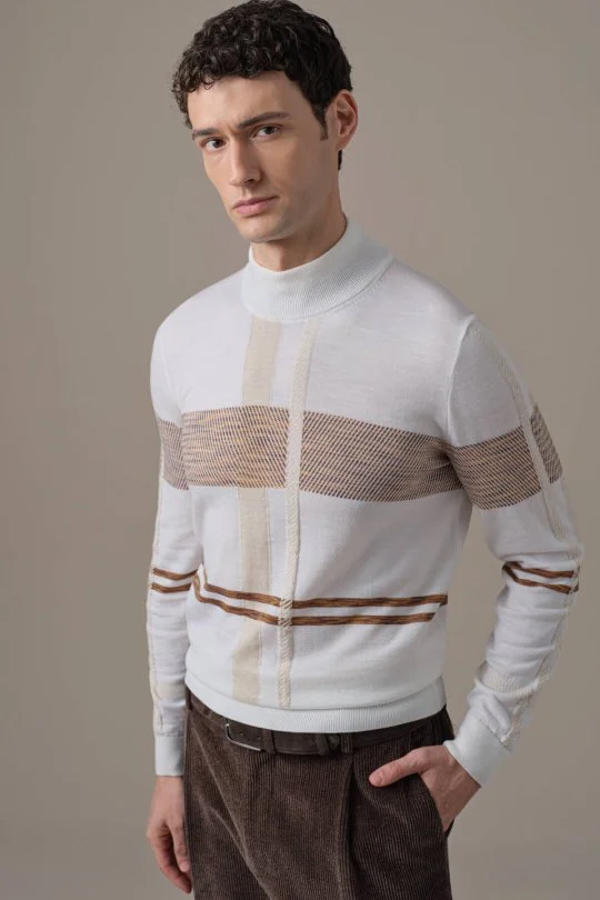 Extrafine Merino Lupetto Yaka Tartan Desen Ekru Triko