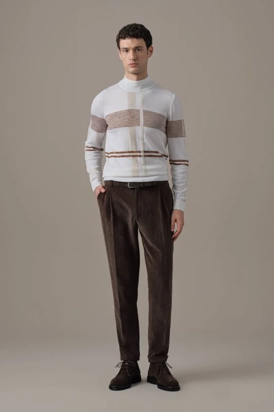 Extrafine Merino Lupetto Yaka Tartan Desen Ekru Triko