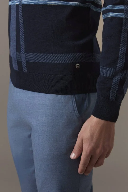 Extrafine Merino Lupetto Yaka Tartan Desen Lacivert Triko
