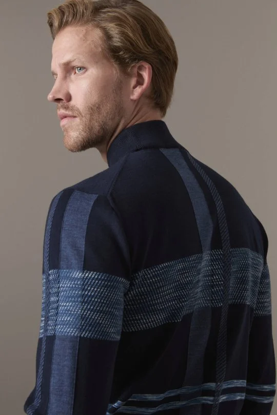 Extrafine Merino Lupetto Yaka Tartan Desen Lacivert Triko