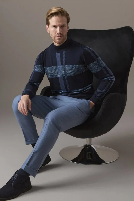 Extrafine Merino Lupetto Yaka Tartan Desen Lacivert Triko