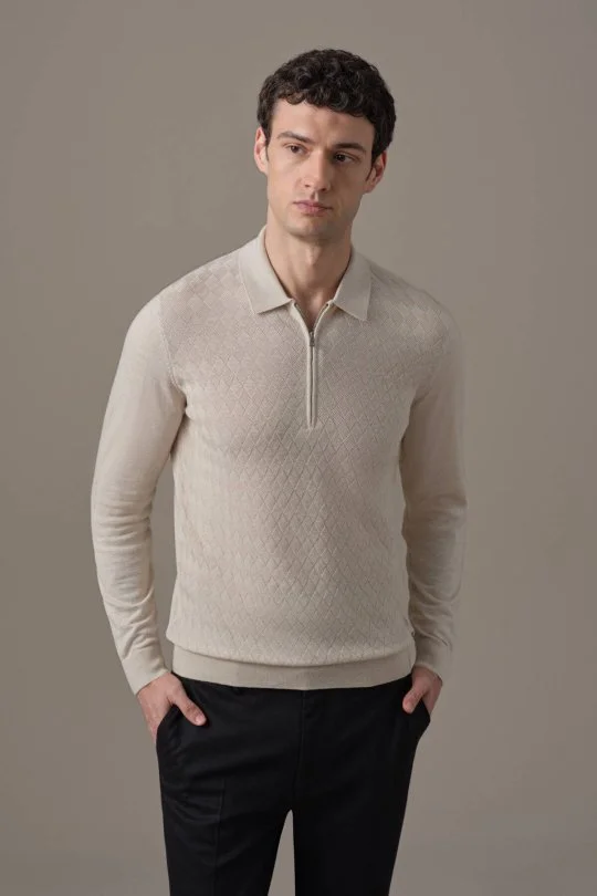 Hemington - Extrafine Merino Mini Argyle Desen Bej Fermuarlı Polo Triko (1)