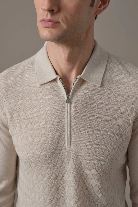 Hemington - Extrafine Merino Mini Argyle Desen Bej Fermuarlı Polo Triko (2)
