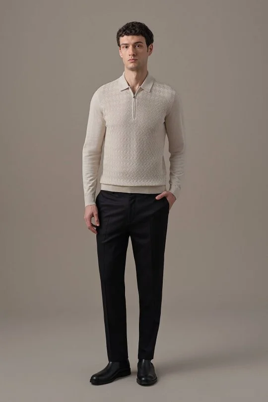 Hemington - Extrafine Merino Mini Argyle Desen Bej Fermuarlı Polo Triko (2)