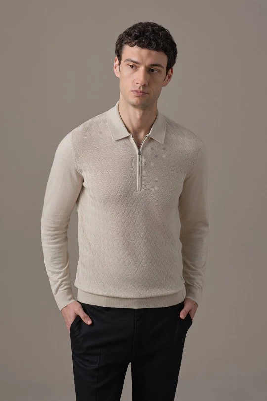 Hemington - Extrafine Merino Mini Argyle Desen Bej Fermuarlı Polo Triko (1)