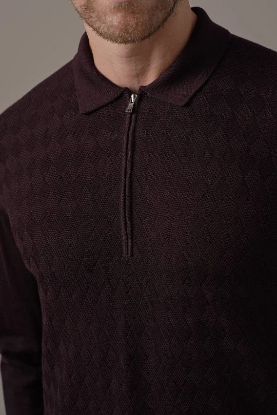 Extrafine Merino Mini Argyle Desen Bordo Fermuarlı Polo Triko
