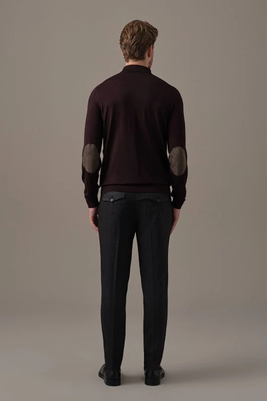 Extrafine Merino Mini Argyle Desen Bordo Fermuarlı Polo Triko