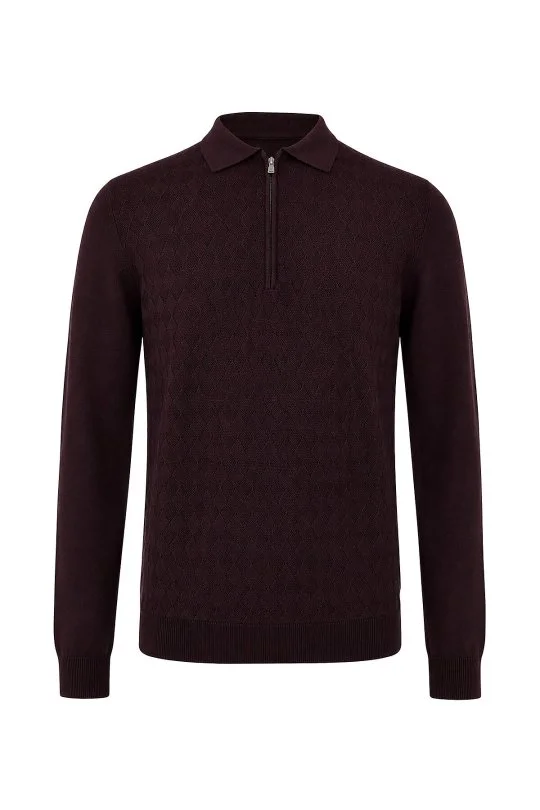 Extrafine Merino Mini Argyle Desen Bordo Fermuarlı Polo Triko