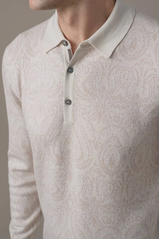Hemington - Extrafine Merino Paisley Desen Bej Polo Triko (3)