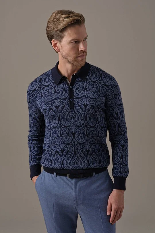 Hemington - Extrafine Merino Paisley Desen Lacivert Polo Triko (1)
