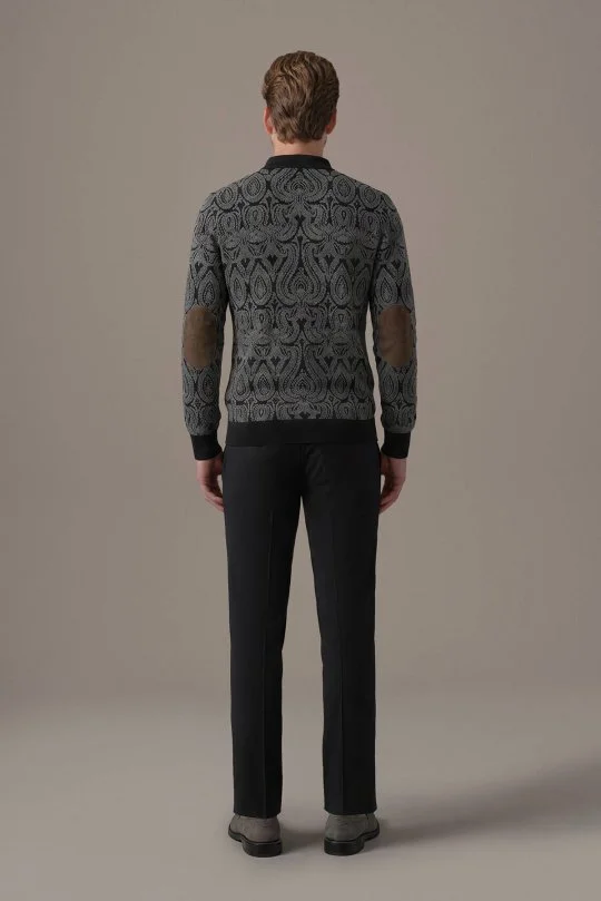 Extrafine Merino Paisley Desen Siyah Polo Triko
