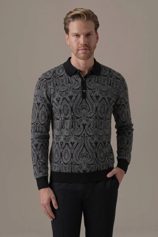 Extrafine Merino Paisley Desen Siyah Polo Triko