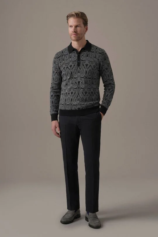 Extrafine Merino Paisley Desen Siyah Polo Triko